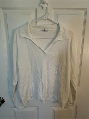 Women's White Long-Sleeve Polo Top - Casual V-Neck Shirt